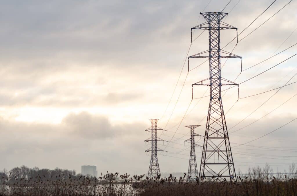 Transmission lines and power towers in North Arlington, New Jersey, Shutterstock ID#2408931701