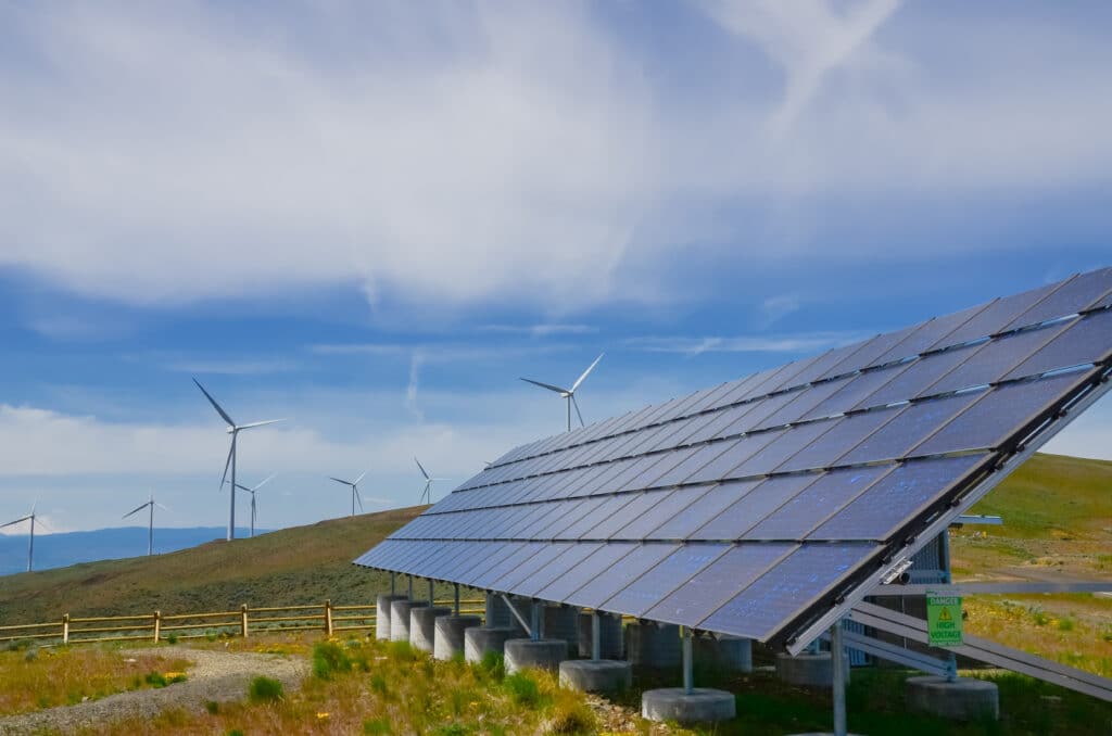 Solar panel and row of wind turbines under cloud blue sky at Ellensburg, Washington, U.S., Shutterstock ID#457369789